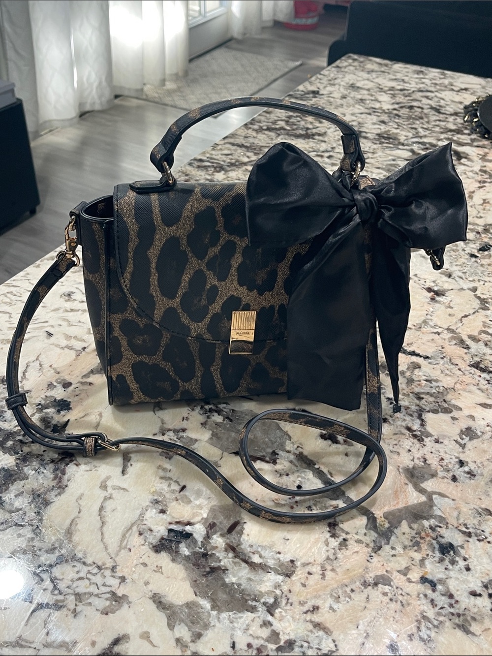 Aldo Black and Brown Leopard-Print Satchel with Black Bow Accent